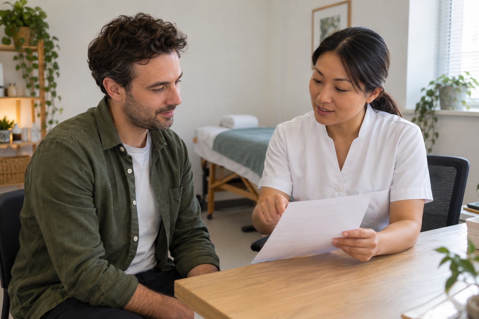 A patient and practitioner discuss a simple aftercare sheet at the end of an appointment.