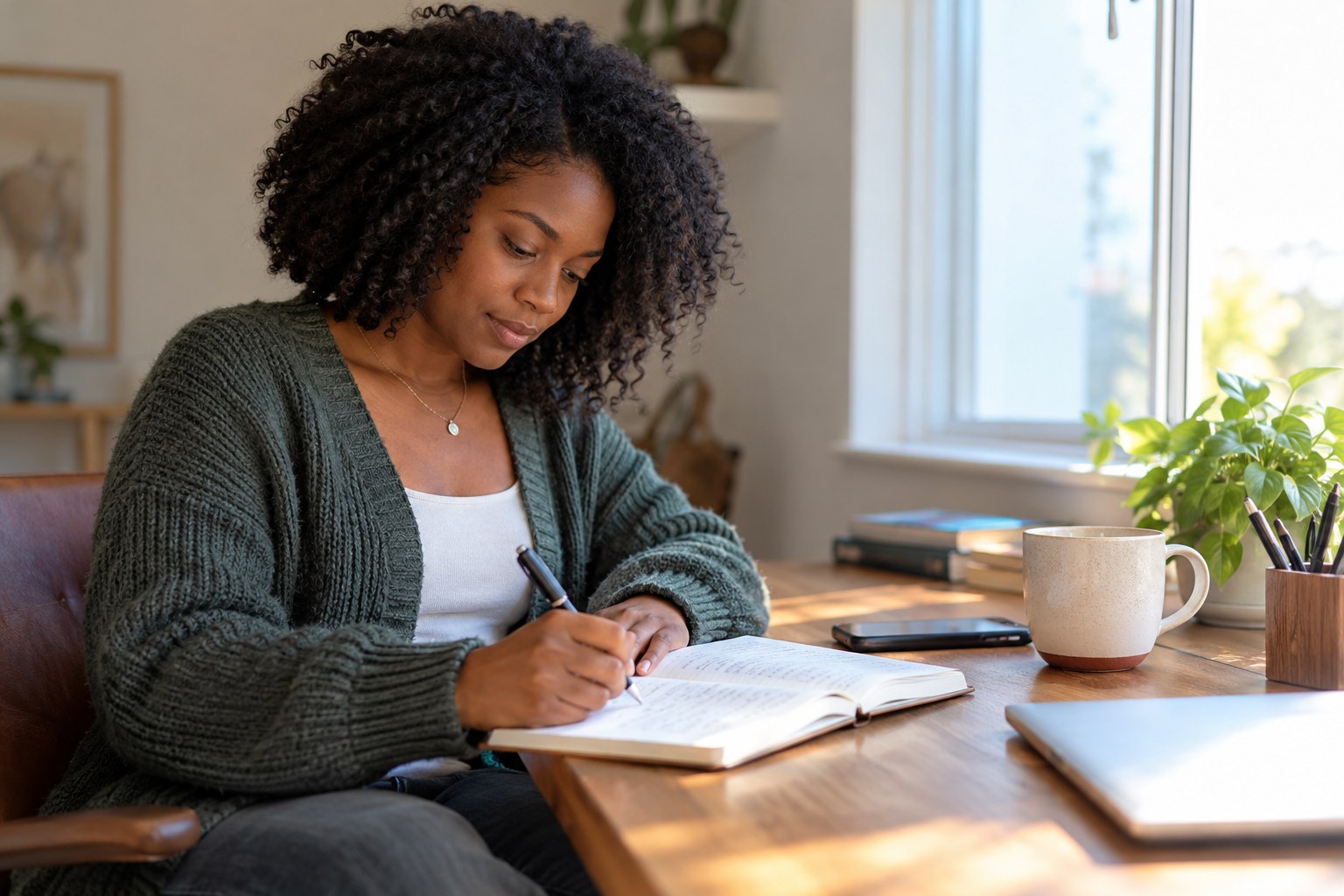 An adult writes brief notes in a notebook at a desk in daylight.
