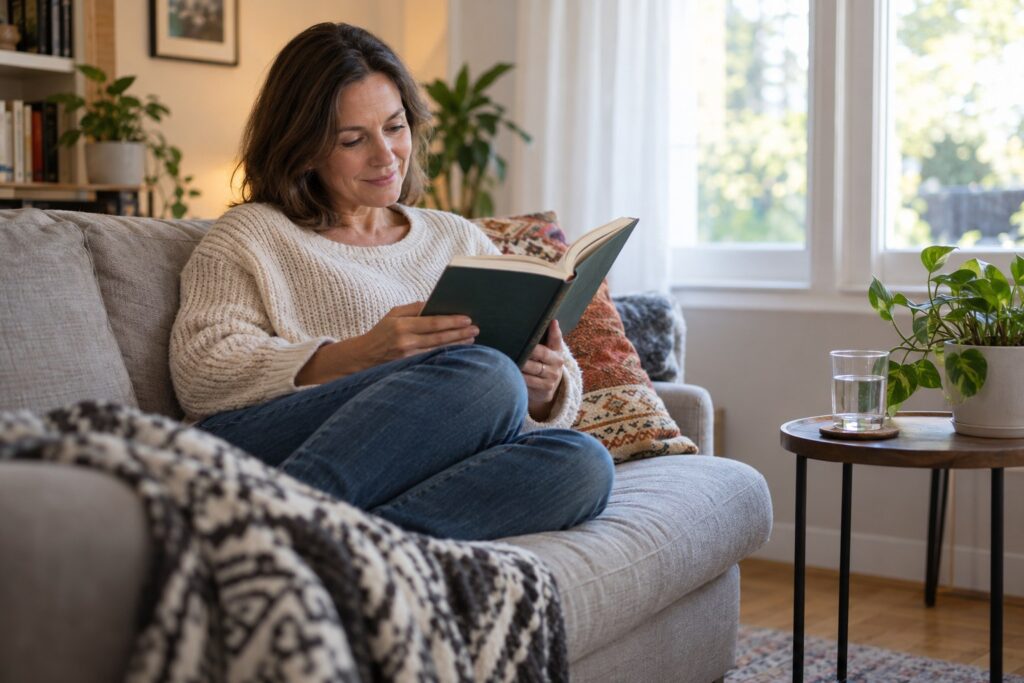 An adult rests comfortably on a sofa with a glass of water on a nearby table.