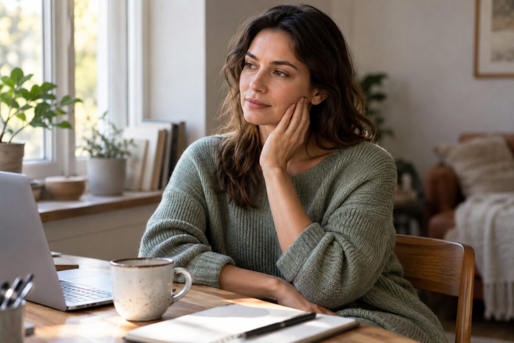 An adult takes a quiet break from desk work and notices tension around the jaw.