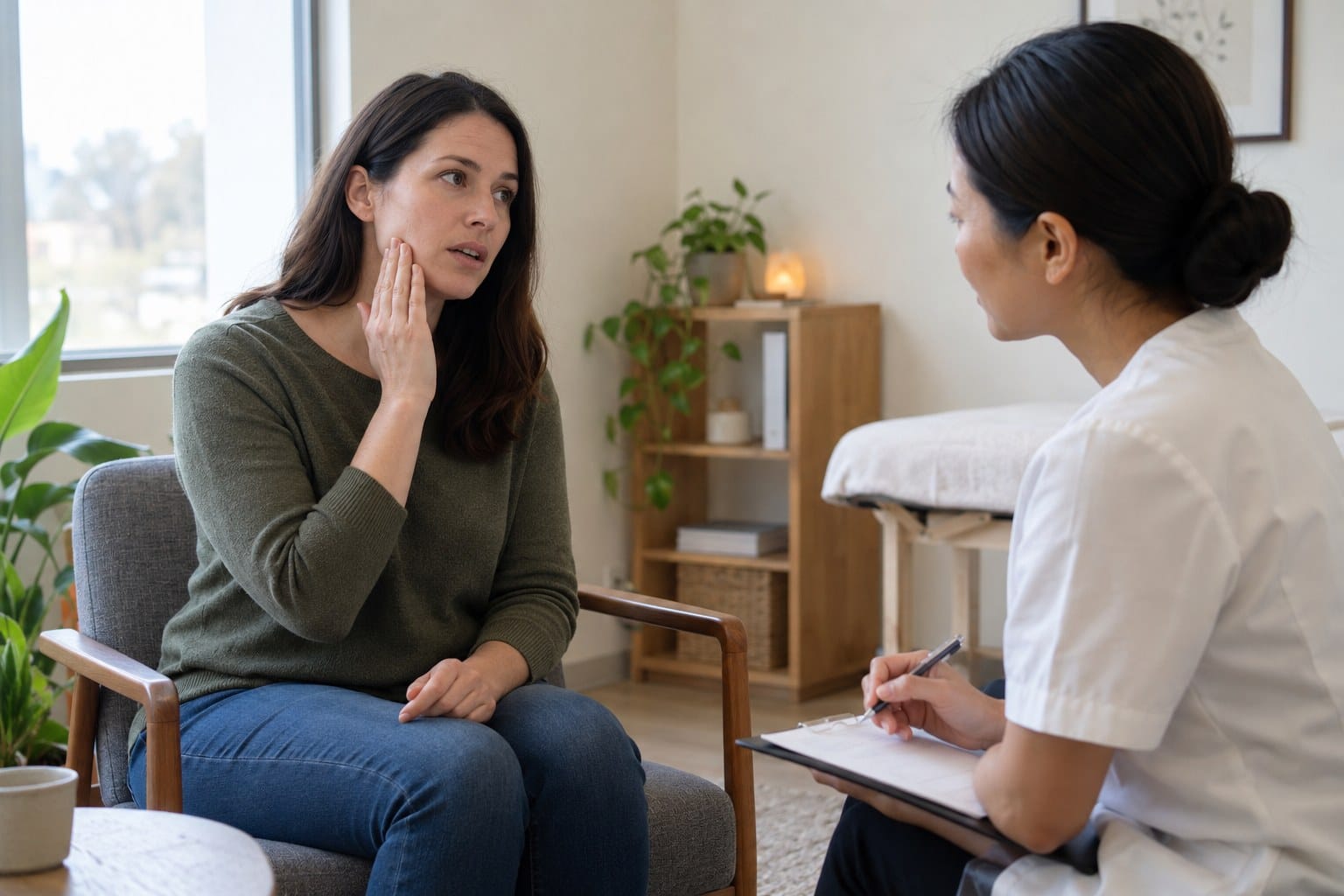 An adult discusses jaw discomfort with a clinician in a calm consultation room.