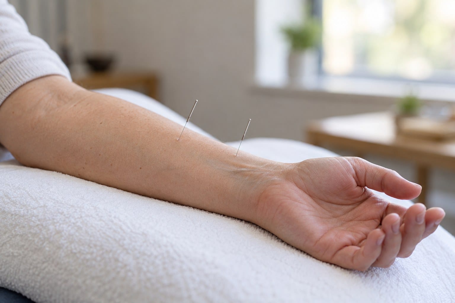 Two fine acupuncture needles rest in a supported forearm during an illustrative treatment.