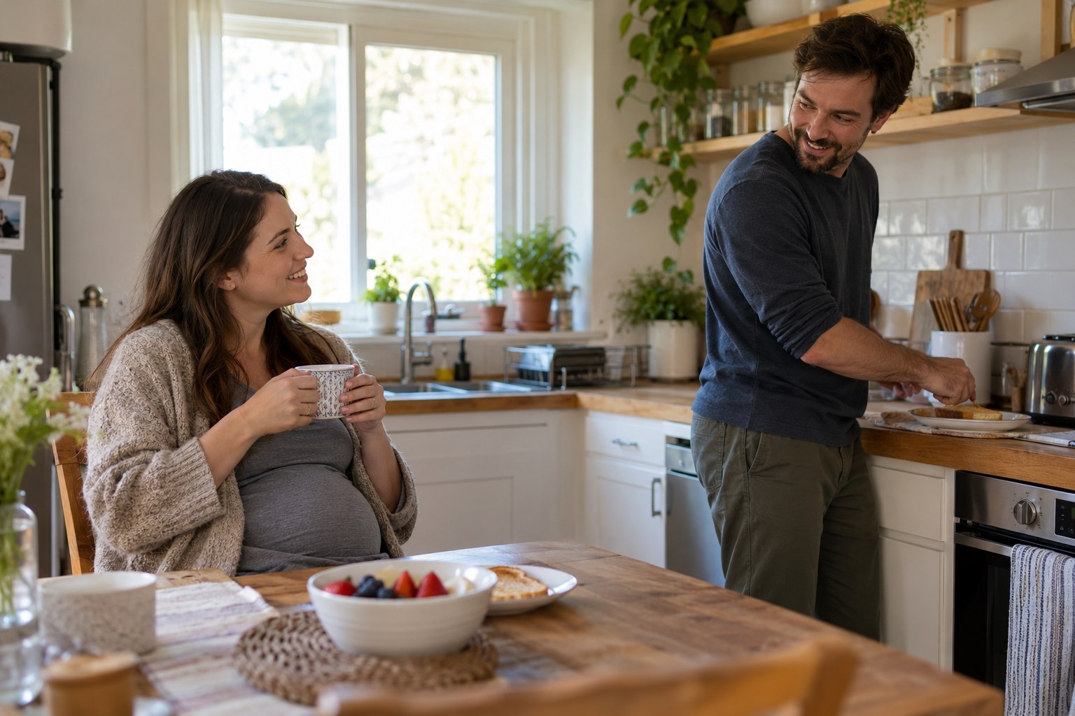 A partner helps with preparing a simple meal while a pregnant adult sits nearby.
