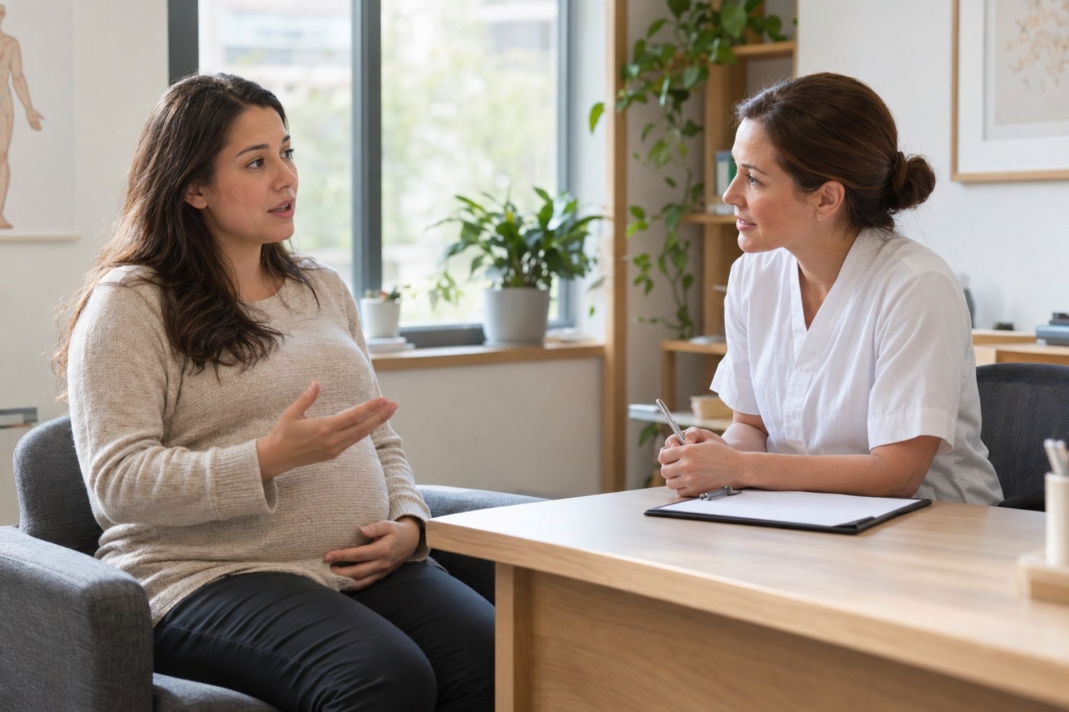 A pregnant adult talks with a healthcare professional during a calm consultation.