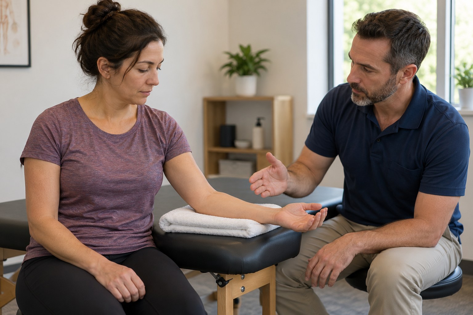 A clinician observes an adult gently turning a relaxed forearm during an assessment.