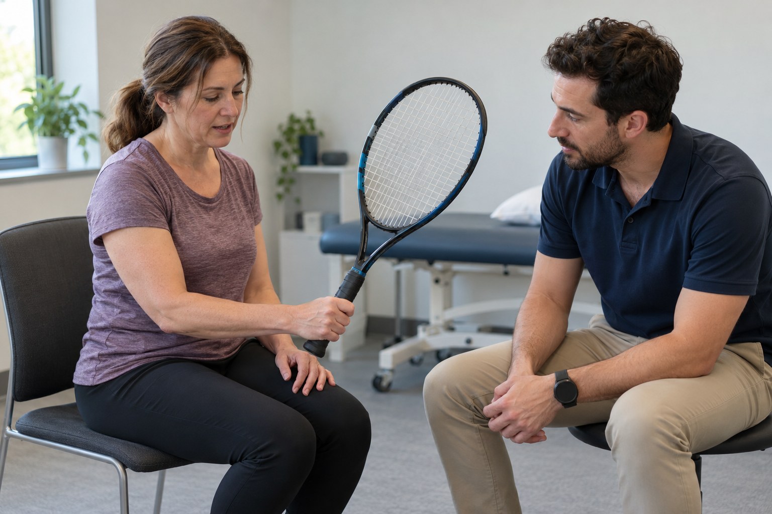 An adult and clinician discuss a tennis racket and everyday gripping activities.