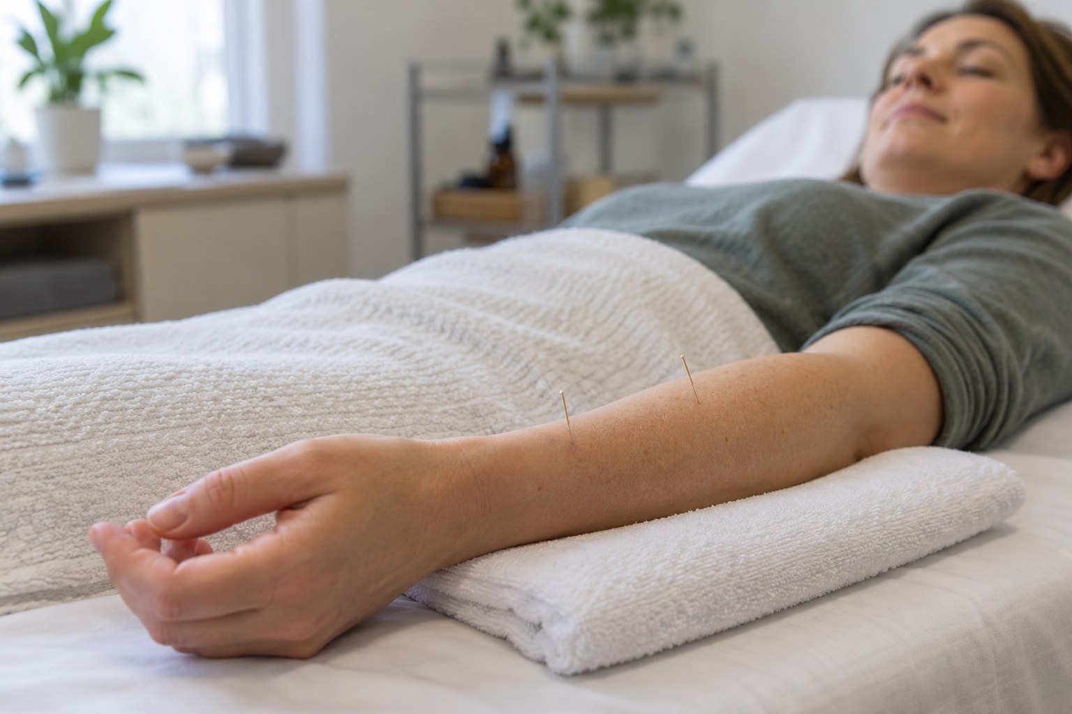 A patient rests during a quiet forearm acupuncture treatment in an illustrative clinical setting.