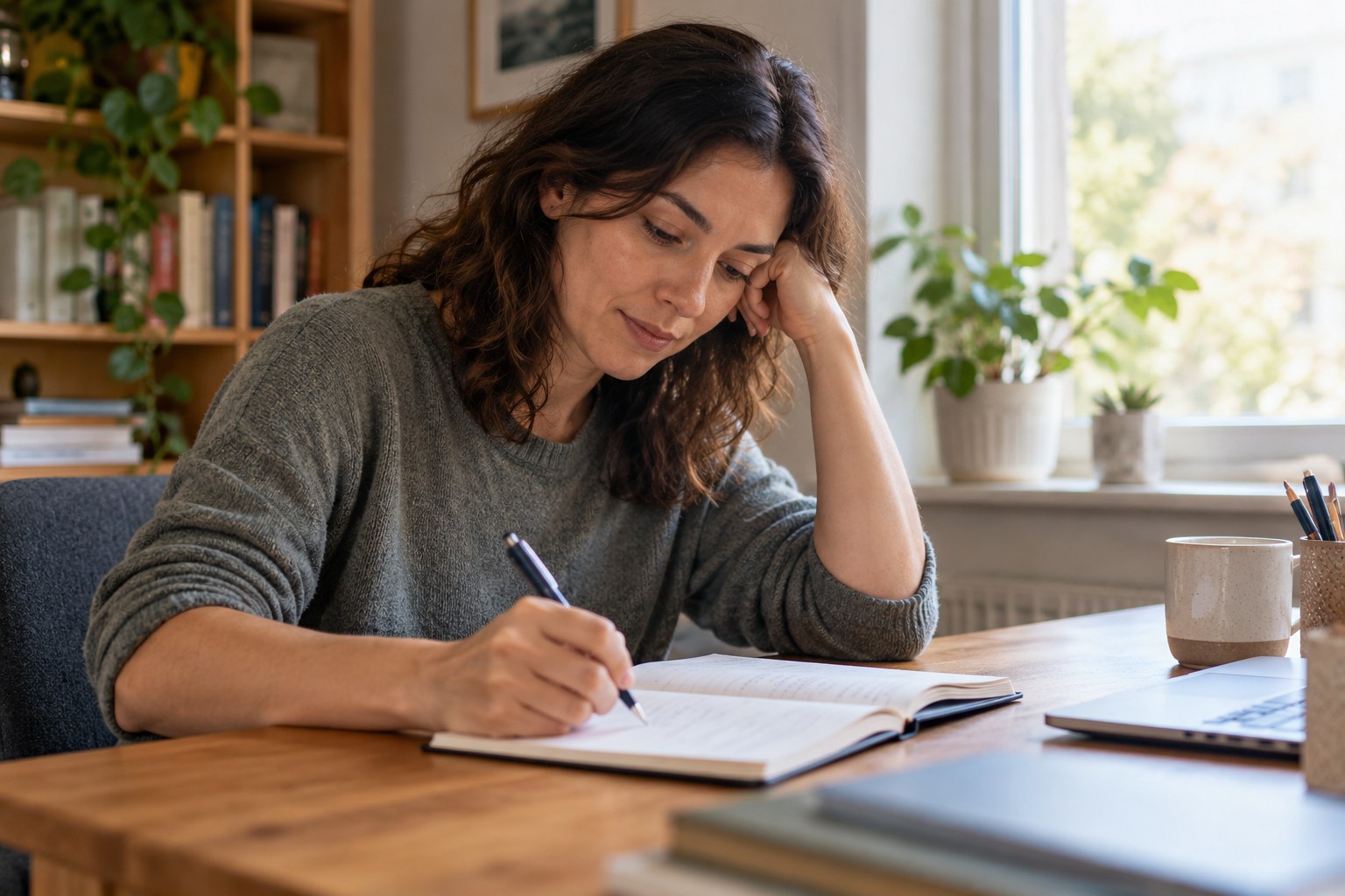 A person writes notes in a headache diary at a desk in daylight.