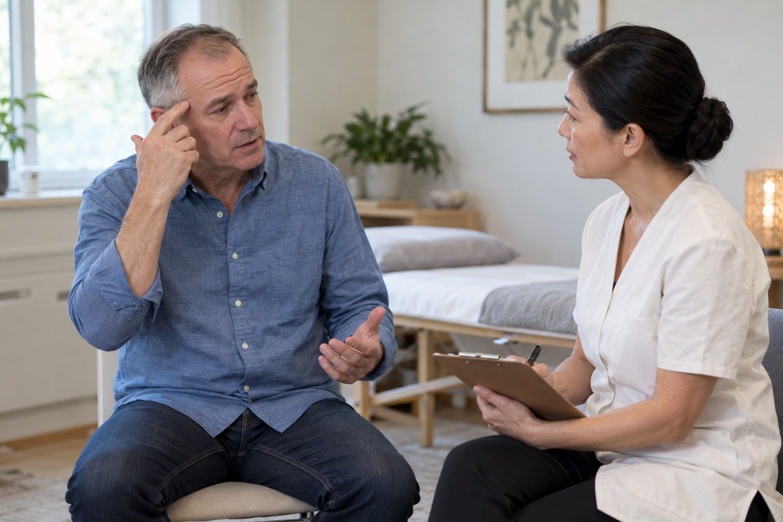 An adult describes recurrent headaches during a professional consultation.