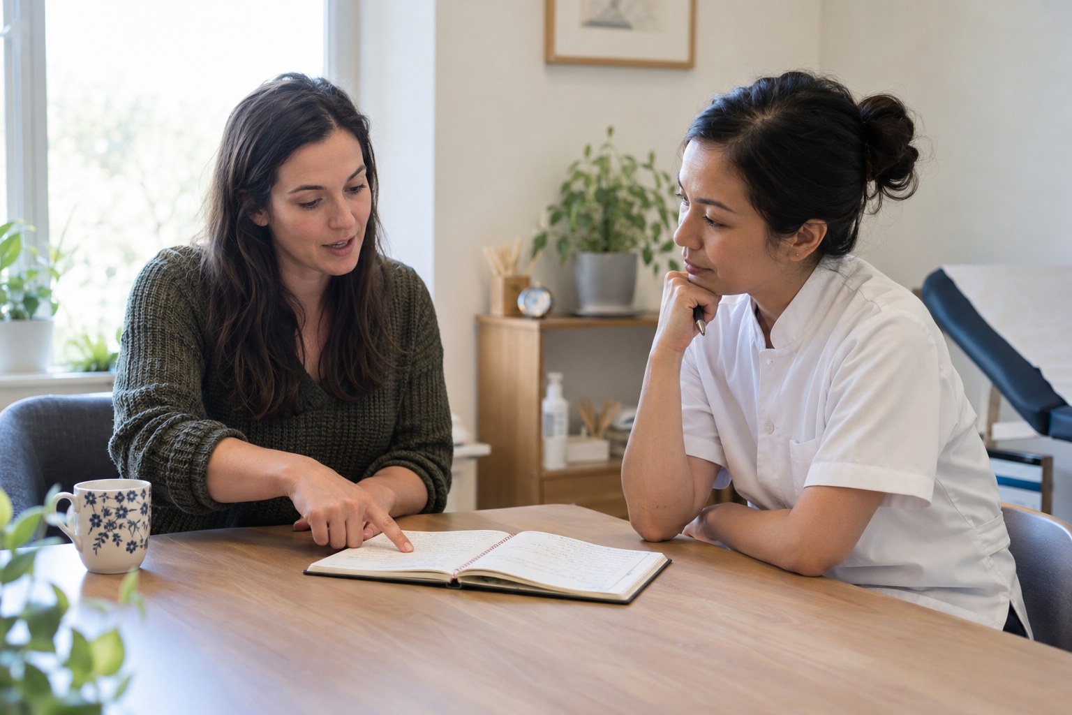 An adult and a clinician review a notebook during a discussion of seasonal symptoms.