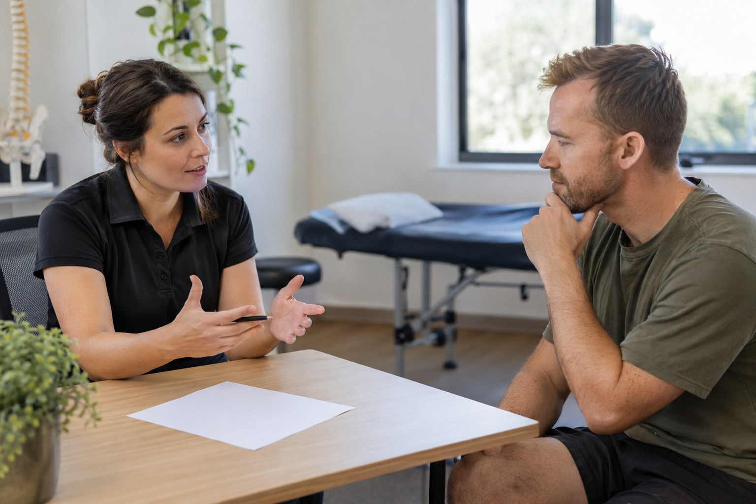 A clinician and patient discuss treatment options during a calm consultation.