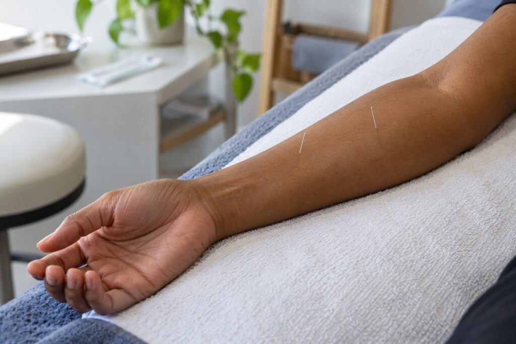Fine acupuncture needles are shown in a supported forearm in a clean treatment setting.
