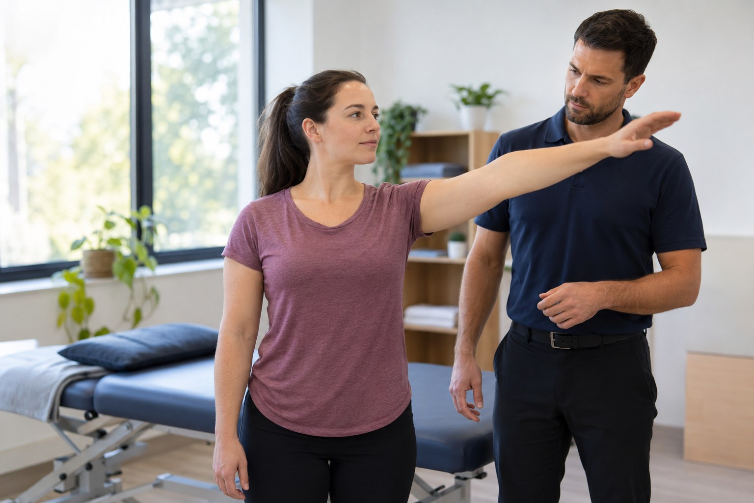 A clinician observes a patient’s comfortable arm and shoulder movement during an assessment.