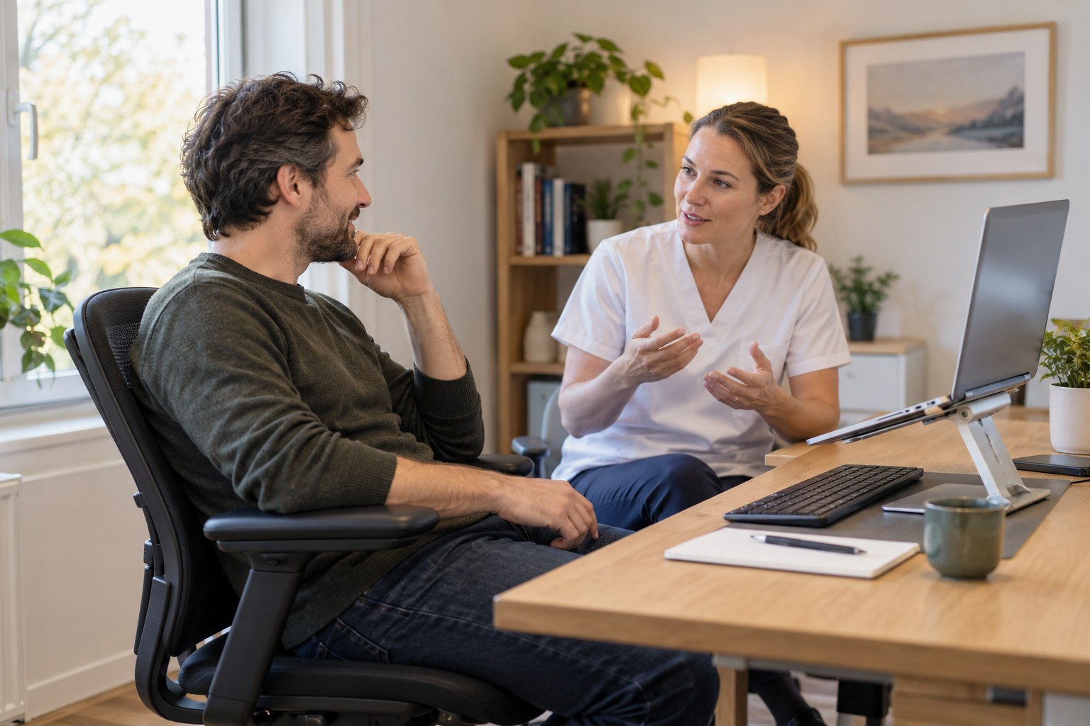 Adult and health professional discussing comfortable everyday sitting at a desk with a laptop.