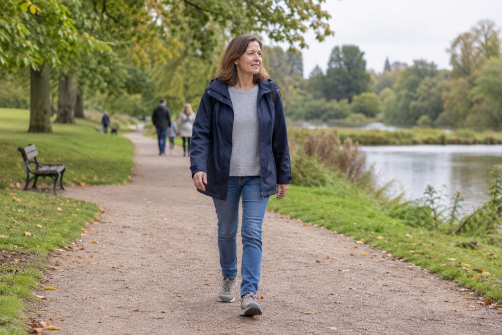 Adult woman taking an ordinary walk along a level park path beside a lake.
