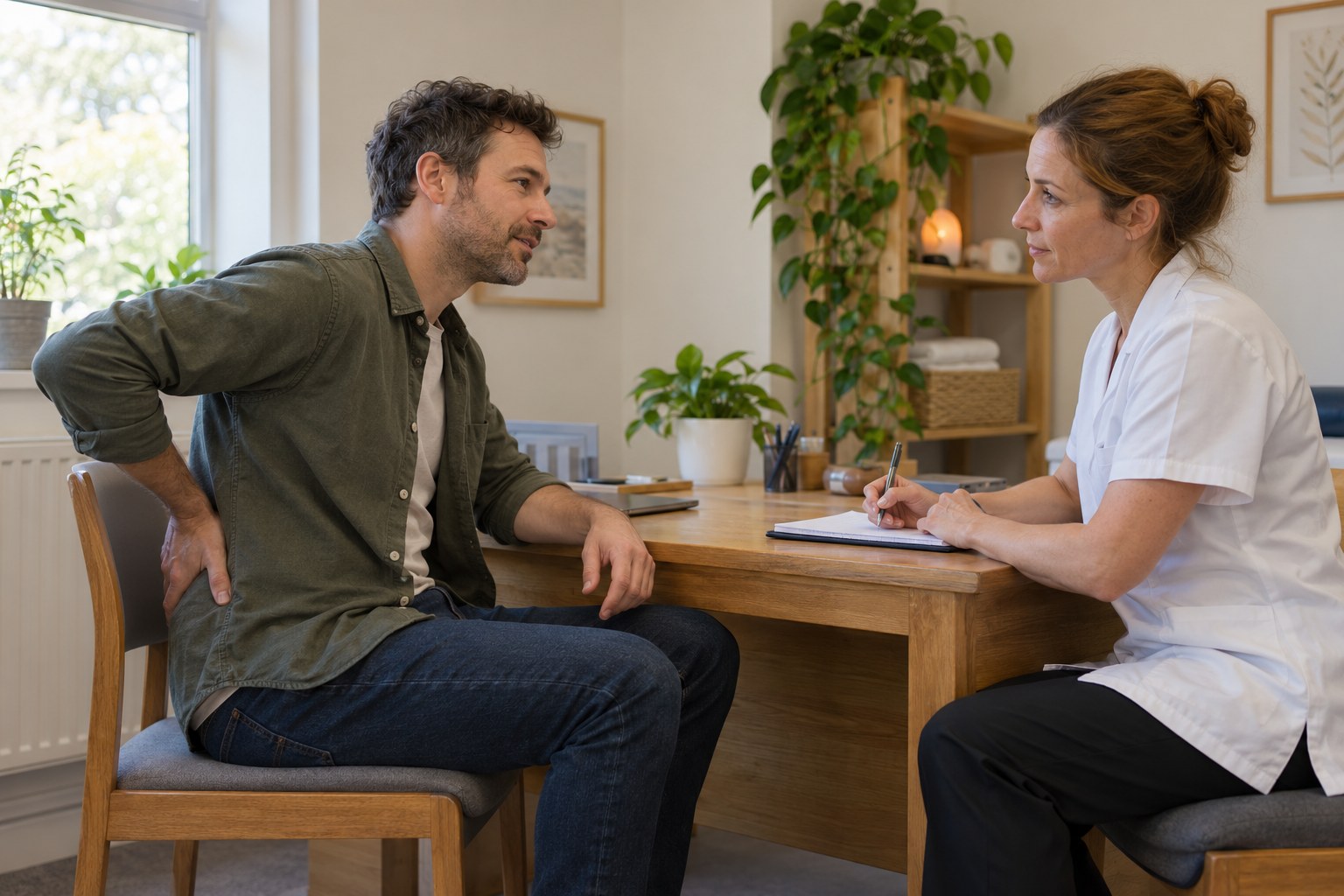 Adult discussing lower-back and leg symptoms with a health professional at a consultation desk.