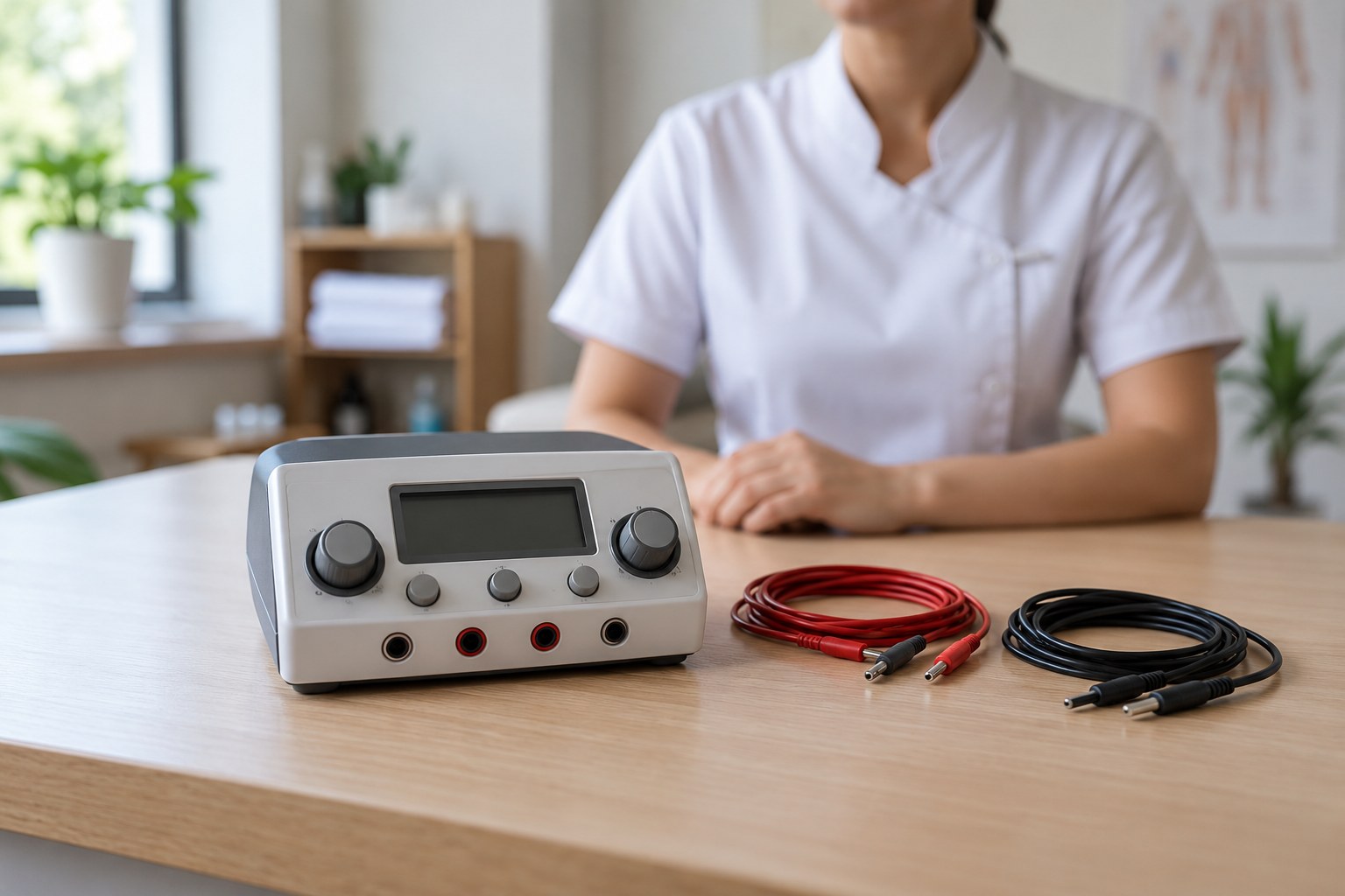 Inactive unbranded electrical stimulation device and unplugged cables on a clinic desk.