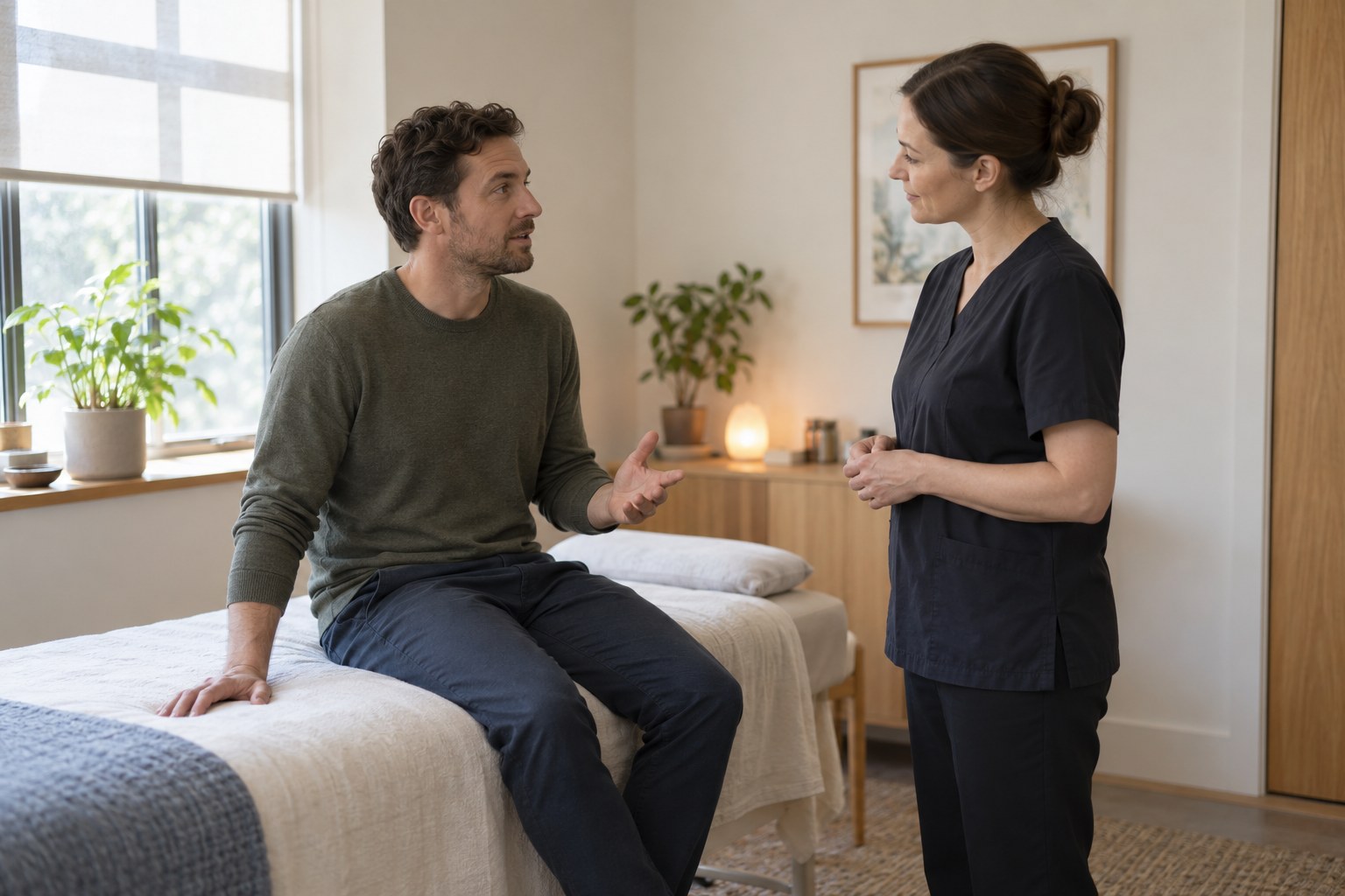Visitor seated on a treatment couch discussing comfort with a practitioner.