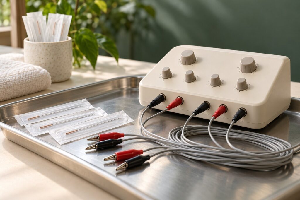 Electroacupuncture stimulator with lead wires and packaged needles on a clinical tray
