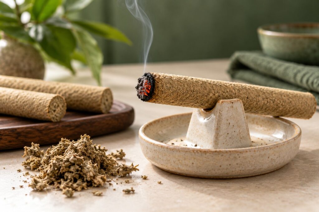 Moxa roll resting in a ceramic holder beside dried mugwort