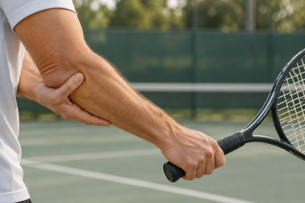 Close-up of a tennis player supporting their elbow while holding a racket