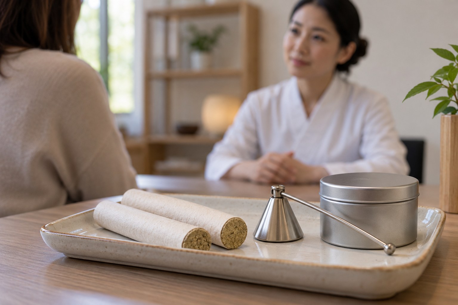 Unlit moxa sticks, a metal snuffer and a closed tin on a clinic tray with a consultation behind.