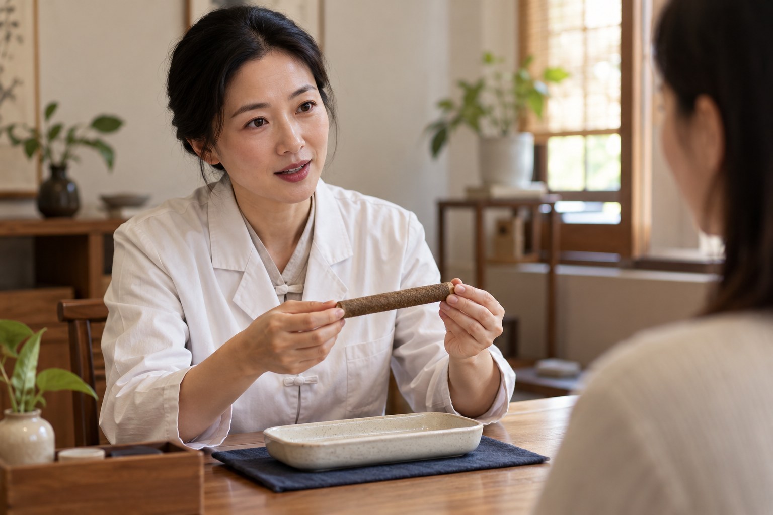 Practitioner displaying an unlit moxa stick above a ceramic tray during a consultation.